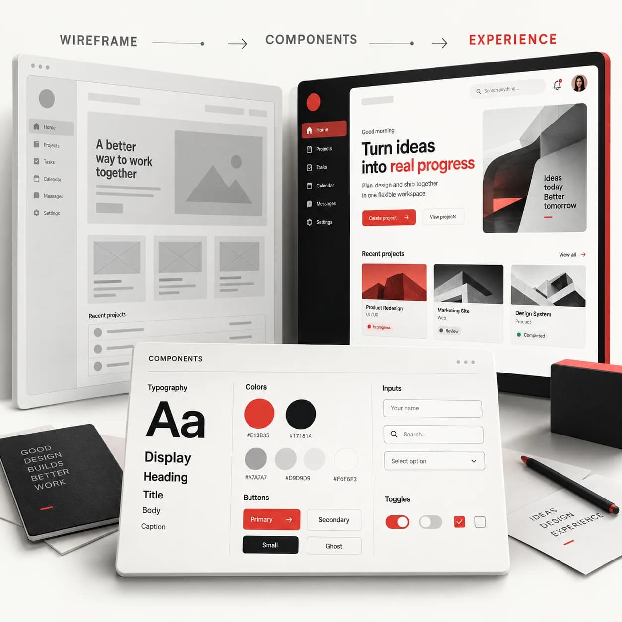 UX/UI 디자인 구성 예시: 와이어프레임에서 UI 컴포넌트와 완성된 사용자 경험으로 발전하는 디자인 과정. 실제 고객 화면이 아닌 컨셉 이미지입니다.